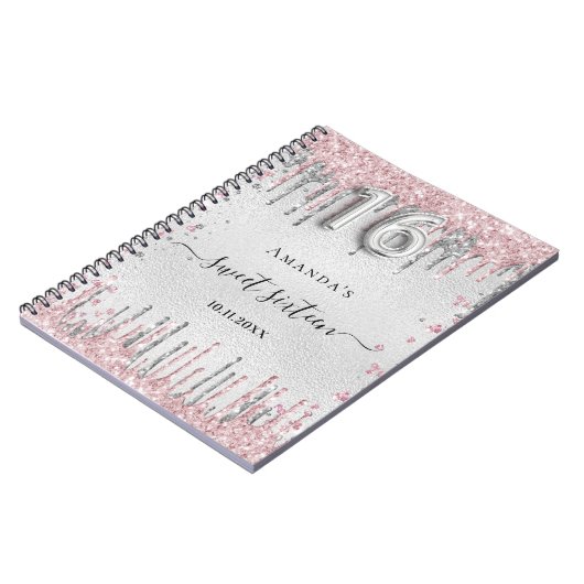 Sweet 16 verjaardag zilverroze glitter-gastenboek notitieboek (Linkerzijde)
