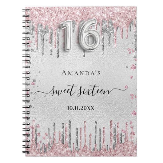 Sweet 16 verjaardag zilverroze glitter-gastenboek notitieboek (Voorkant)