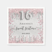 Sweet 16 verjaardag zilverroze glitterharten servet (Voorkant)