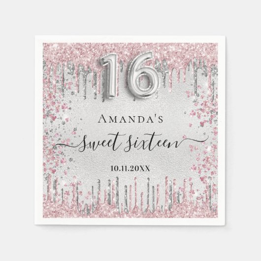 Sweet 16 verjaardag zilverroze glitterharten servet (Voorkant)