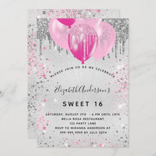 Sweet 16 verjaardag zilverroze glitterstof kaart (Voorkant / Achterkant)