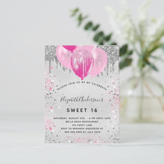 Sweet 16 verjaardag zilverroze glitterstof uitnodiging briefkaart (Staand voorkant)