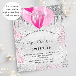 Sweet 16 verjaardag zilverroze glitterstof uitnodiging briefkaart<br><div class="desc">Voor een elegant Sweet 16, 16e verjaardag. Een faux zilveren metalen achtergrond. Gedecormeerd met roze en faux zilveren glitter en ballonnen. Geef een persoonlijke naam, leeftijd en partijgegevens op en voeg deze toe. De naam wordt geschreven met een handgeschreven stijlmanuscript met letters. Achterkant: faux zilveren achtergrond, ontwerp van het briefkaart....</div>