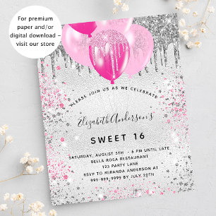 Sweet 16 verjaardag zilverroze glitterstof uitnodiging briefkaart