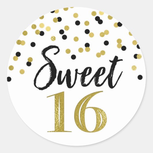 Sweet 16 Verjaardag Zwart en Goud Confetti Ronde Sticker (Voorkant)