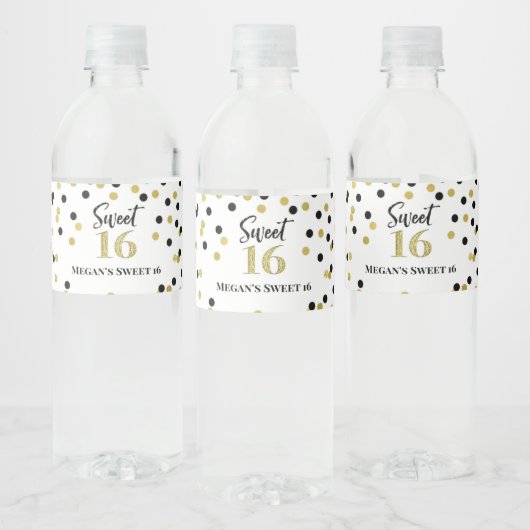 Sweet 16 Verjaardag Zwart Goud Confetti Waterfles Etiket (Flessen)
