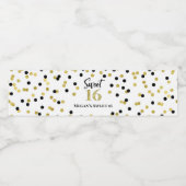 Sweet 16 Verjaardag Zwart Goud Confetti Waterfles Etiket (Enkel label)