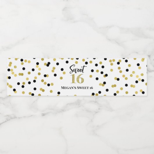 Sweet 16 Verjaardag Zwart Goud Confetti Waterfles Etiket (Enkel label)