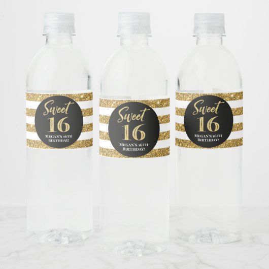 Sweet 16 Verjaardag Zwart Goud Strepen Waterfles Etiket (Flessen)