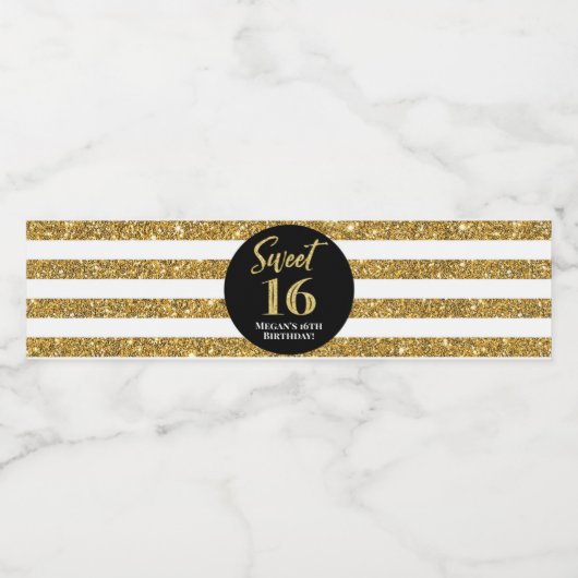 Sweet 16 Verjaardag Zwart Goud Strepen Waterfles Etiket (Enkel label)