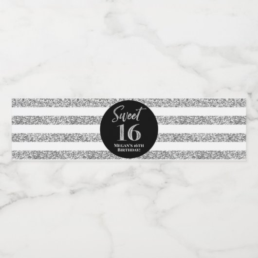 Sweet 16 Verjaardag Zwart Zilver Strepen Waterfles Etiket (Enkel label)