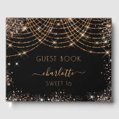 Sweet 16 verjaardag zwarte roos goudglitter gastenboek (Voorkant)