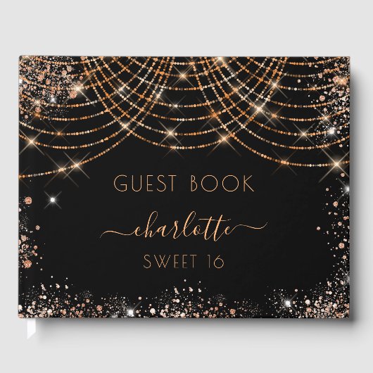 Sweet 16 verjaardag zwarte roos goudglitter gastenboek (Voorkant)