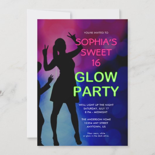 Sweet 16 Verjaardags Glow Feest Uitnodiging (Voorkant)