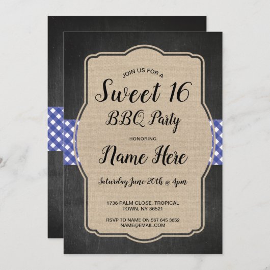 Sweet 16 Verjaardagsfeest BBQ Blue Gingham Burlap Kaart (Voorkant / Achterkant)