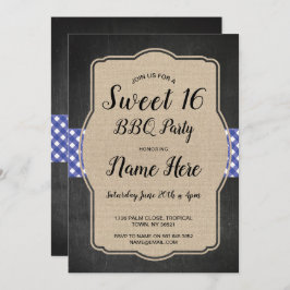Sweet 16 Verjaardagsfeest BBQ Blue Gingham Burlap Kaart