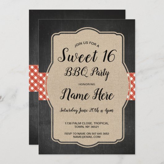 Sweet 16 Verjaardagsfeest BBQ Red Gingham Burlap Kaart (Voorkant / Achterkant)
