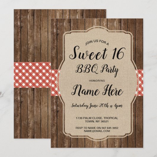 Sweet 16 Verjaardagsfeest BBQ Red Gingham Burlap Kaart (Voorkant / Achterkant)
