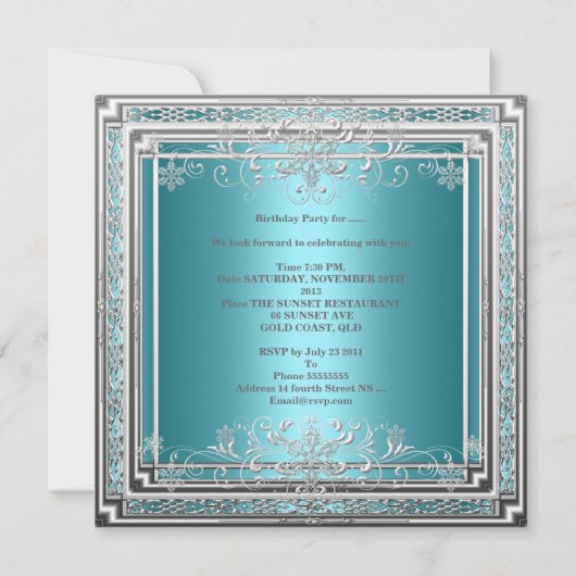 Sweet 16 Verjaardagsfeest Blauwgroen Blauw Zilvere Kaart (Achterkant)