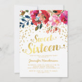 Sweet 16 Verjaardagsfeest | Bloemgoud Glitters Kaart (Voorkant)
