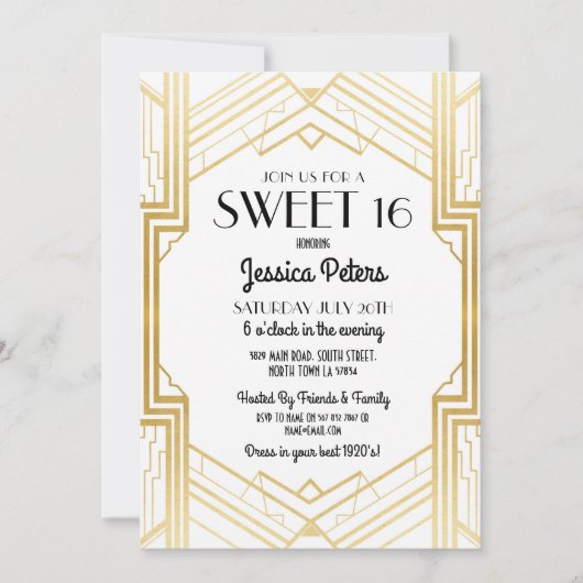 Sweet 16 Verjaardagsfeest Gatsby Art Deco Uitnodig Kaart (Voorkant)