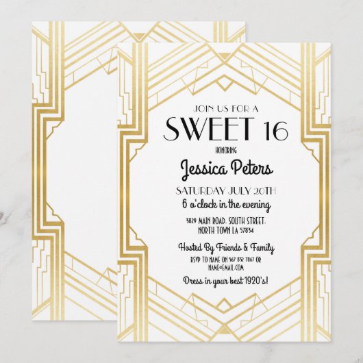 Sweet 16 Verjaardagsfeest Gatsby Art Deco Uitnodig Kaart (Voorkant / Achterkant)