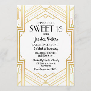 Sweet 16 Verjaardagsfeest Gatsby Art Deco Uitnodig Kaart
