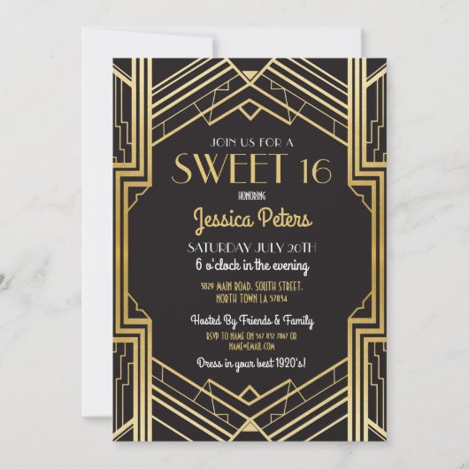 Sweet 16 Verjaardagsfeest Gatsby Art Deco Uitnodig Kaart (Voorkant)