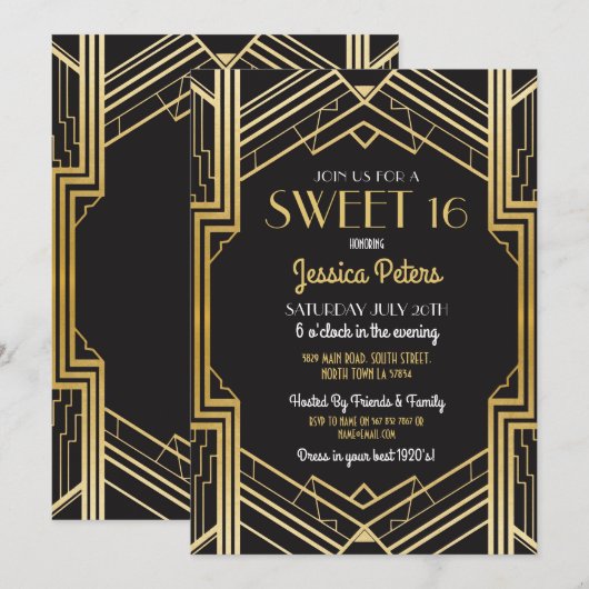 Sweet 16 Verjaardagsfeest Gatsby Art Deco Uitnodig Kaart (Voorkant / Achterkant)