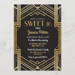 Sweet 16 Verjaardagsfeest Gatsby Art Deco Uitnodig Kaart