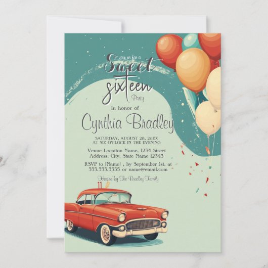 Sweet 16 Verjaardagsfeest I Ballonnen en Auto Kaart (Voorkant)