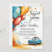 Sweet 16 Verjaardagsfeest I Ballonnen en Auto Kaart (Voorkant)