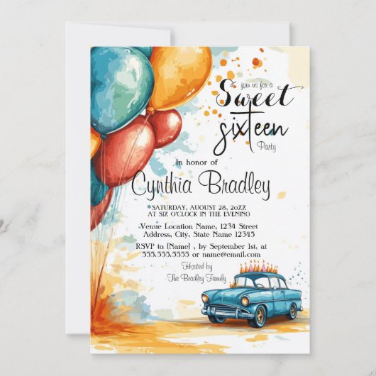 Sweet 16 Verjaardagsfeest I Ballonnen en Auto Kaart (Voorkant)