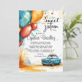 Sweet 16 Verjaardagsfeest I Ballonnen en Auto Kaart (Staand voorkant)