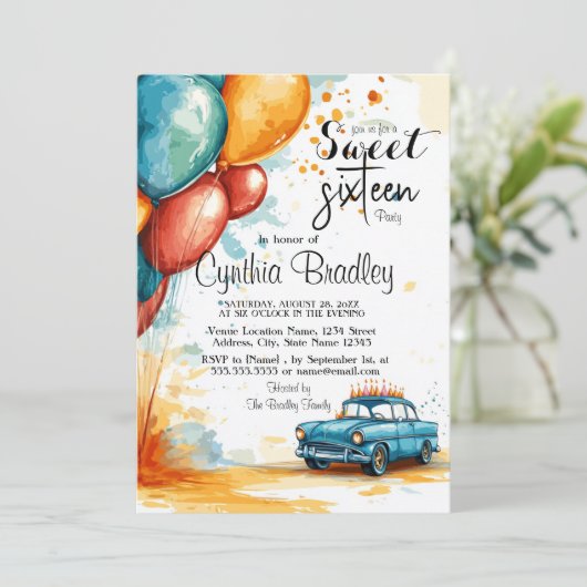 Sweet 16 Verjaardagsfeest I Ballonnen en Auto Kaart (Staand voorkant)
