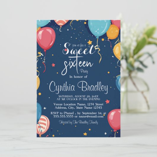 Sweet 16 Verjaardagsfeest I Balloons Blauw Kaart (Staand voorkant)