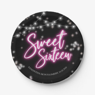 Sweet 16 Verjaardagsfeest met Neon Roze Thema Papieren Bordje
