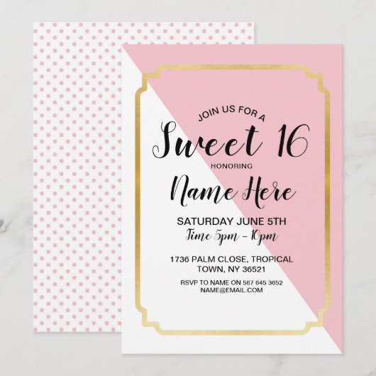 Sweet 16 Verjaardagsfeest Roze Goud Elegante Stipp Kaart (Voorkant / Achterkant)