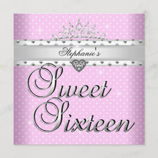 Sweet 16 Verjaardagsfeest Roze Witte Stippen Tiara Kaart