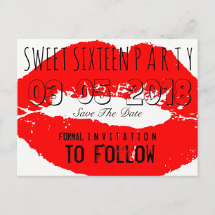 Sweet 16 Verjaardagsfeest Save The Date Red Lips Aankondigingskaart
