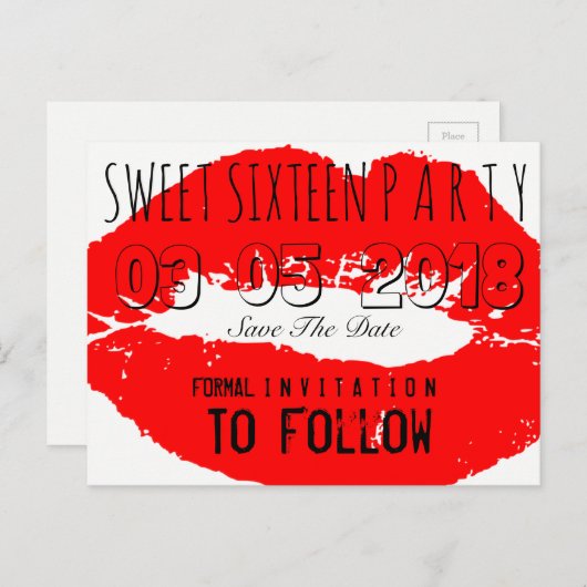 Sweet 16 Verjaardagsfeest Save The Date Red Lips Aankondigingskaart (Voorkant / Achterkant)