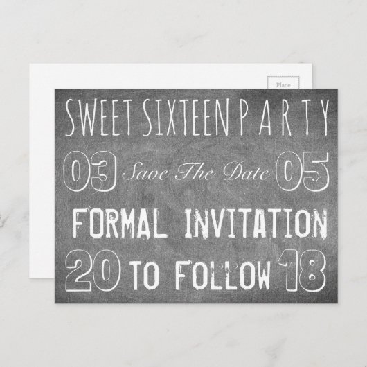 Sweet 16 Verjaardagsfeest Save The Date schoolbord Aankondigingskaart (Voorkant / Achterkant)
