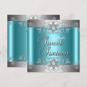 Sweet 16 Verjaardagsfeest Teal Blauw Zilver Diaman Kaart