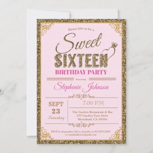 Sweet 16 verjaardagsfeest uitnodiging roze en goud (Voorkant)
