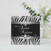 Sweet 16 Verjaardagsfeest Zilver Zwart Zebra Siera Kaart (Staand voorkant)