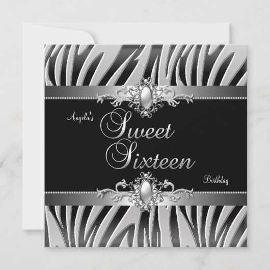 Sweet 16 Verjaardagsfeest Zilver Zwart Zebra Siera Kaart (Voorkant)