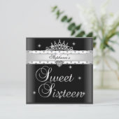 Sweet 16 Verjaardagsfeest Zwart Wit Tiara Kaart (Staand voorkant)