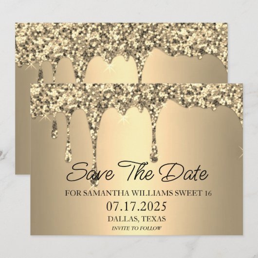 Sweet 16 Verjaardagsfeestje Gouden Sparkle Glitter Save The Date (Voorkant / Achterkant)