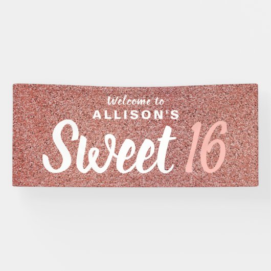 Sweet 16 Verjaardagsfeestje Roos Gouden Glitter Mo Spandoek (Horizontaal)