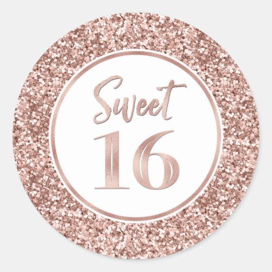 Sweet 16 Verjaardagsfeestje Roos Gouden Glitterpat Ronde Sticker (Voorkant)